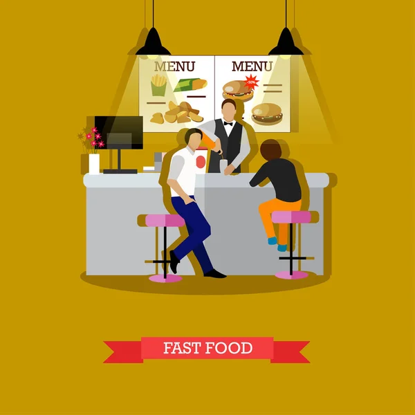 Ilustração vetorial de homem servindo visitantes em restaurante fast food — Vetor de Stock