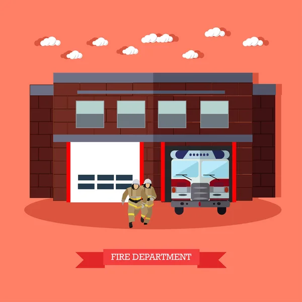 Vectorillustratie van brandweer en brandweerlieden in vlakke stijl. — Stockvector