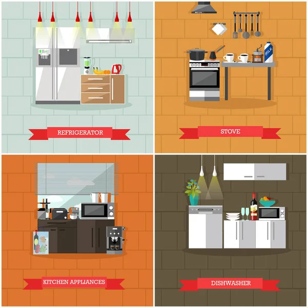 Векторний набір кухонних інтер'єрів з холодильником, плитою, посудом, технікою . — стоковий вектор