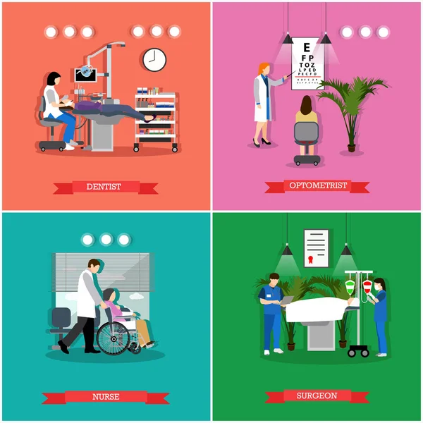 Conjunto vectorial de pancartas, carteles con personas en el hospital, clínica — Vector de stock