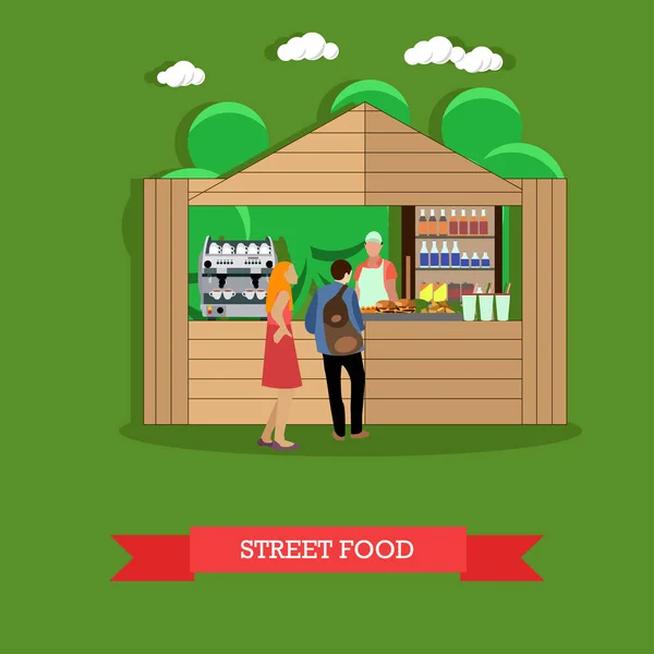 Ilustracja wektorowa mężczyzny i kobiety, w pobliżu ulicy żywności stoisko — Wektor stockowy