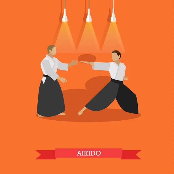 Cartaz vetorial das artes marciais. Aikido. Lutadores em posições desportivas. Projeto plano —  Vetores de Stock