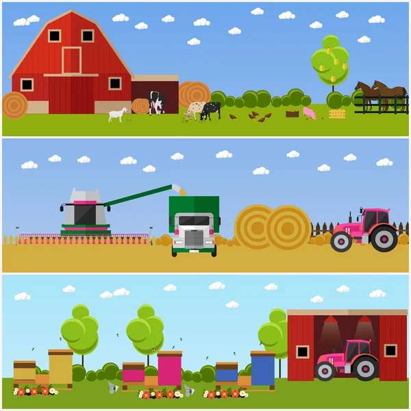 Vector illustration in flat style. Set of farming, wheat harvesting, beekeeping concept banners. — Stock Vector