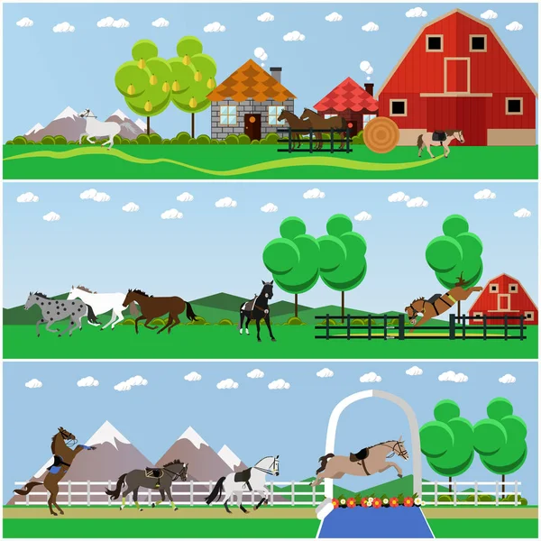 Vector set of horse riding, taming horses and farming concept banners, posters, flat style — Stock Vector