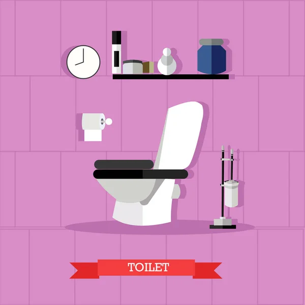 Vector poster with bathroom furniture, toilet and accessories in flat style — Stock Vector