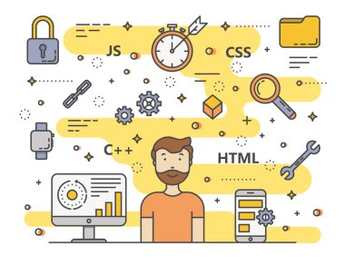 Vektör ince çizgi düz tasarım web geliştirme, programlama kavramı afiş