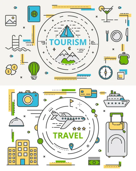 Bannières vectorielles de conception plate de ligne mince tourisme et concept de voyage — Image vectorielle