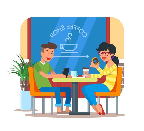 Vector illustration of coffee shop design element with visitors