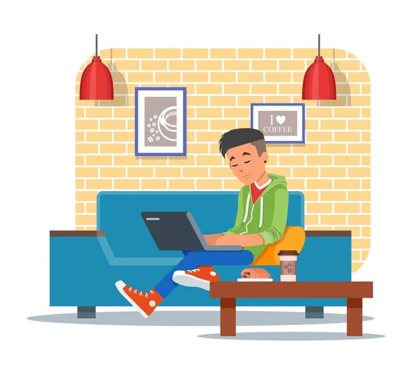Vector illustration of coffee shop design element, visitor with laptop — Stock Vector