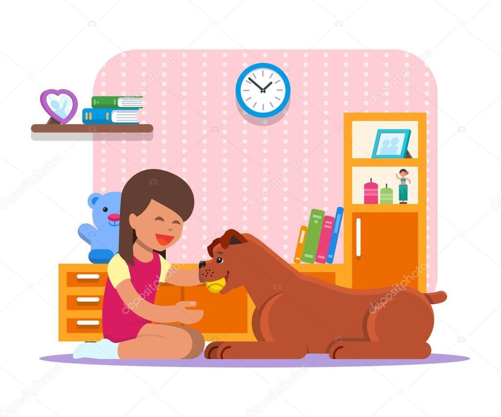 Vector illustration of girl playing with her dog at home