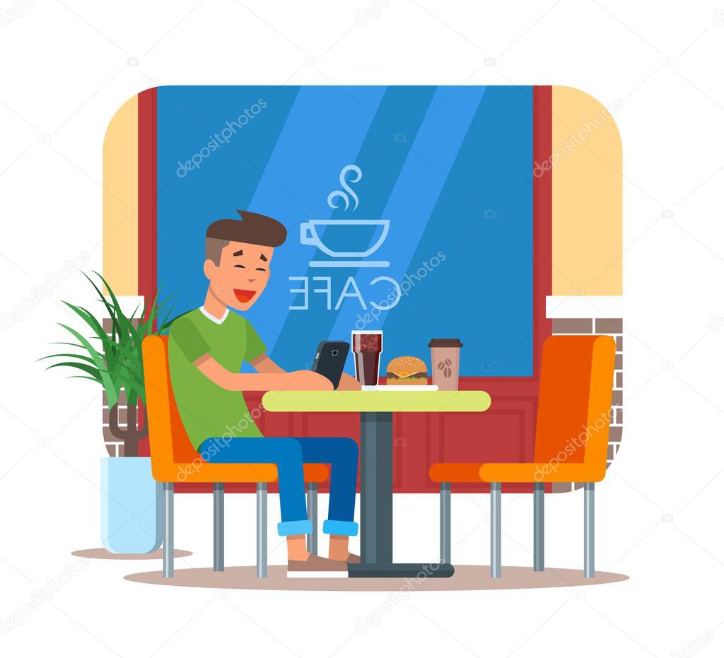 Vector illustration of cafe design element with visitor having lunch