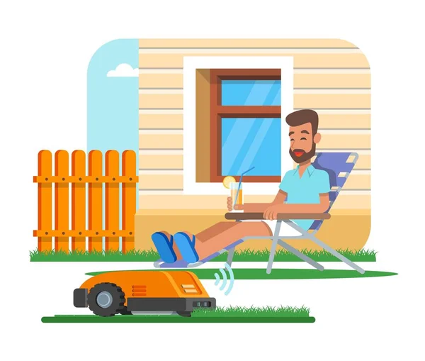 Vector illustration of home robot trimming lawn, man having rest — Stock Vector