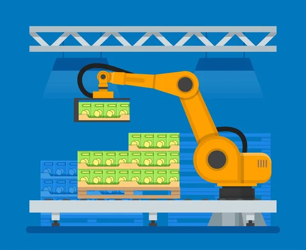Ilustração vetorial de robôs industriais para paletização de produtos alimentícios — Vetor de Stock