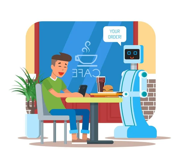 Ilustración vectorial del camarero robot que sirve cola, hamburguesa al visitante — Vector de stock