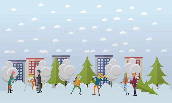 Actividades de invierno, Navidad concepto vector ilustración en estilo plano . — Vector de stock