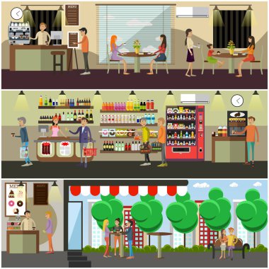 Kahve kavramı tasarım öğeleri düz stil vektör ayarla