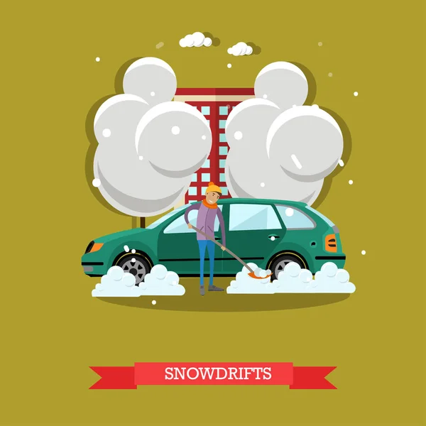 Ilustración vectorial de niño limpiando el coche de la nieve, estilo plano — Vector de stock