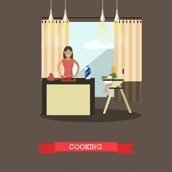 Illustration vectorielle de la mère cuisinière avec son fils dans la cuisine . — Image vectorielle