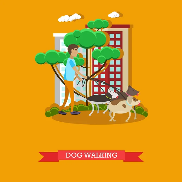 Ilustración vectorial de perros paseantes voluntarios en el parque, diseño plano . — Archivo Imágenes Vectoriales