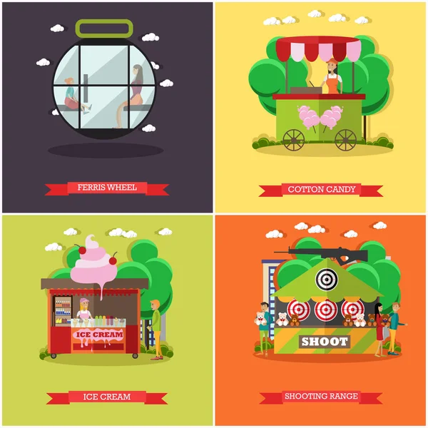 Ensemble vectoriel d'affiches de concept de parc d'attractions, bannières, style plat — Image vectorielle