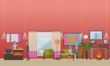 Vektör çizim gönüllü yardımcı gıda grubu yaşlı.