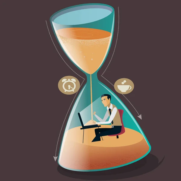 Illustration vectorielle du concept de gestion du temps. L'homme d'affaires coule dans le sablier. Date limite du projet — Image vectorielle