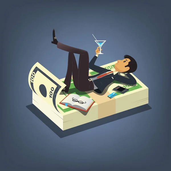 Un exitoso hombre de negocios bebiendo cóctel y descansando con un montón de dinero. Ilustración del concepto de vector de negocio en estilo de dibujos animados — Vector de stock