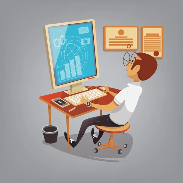 Hombre ocupado trabajando con la computadora en la oficina. Ilustración vectorial concepto de negocio en estilo de dibujos animados. Gerente hace informe de ventas — Vector de stock