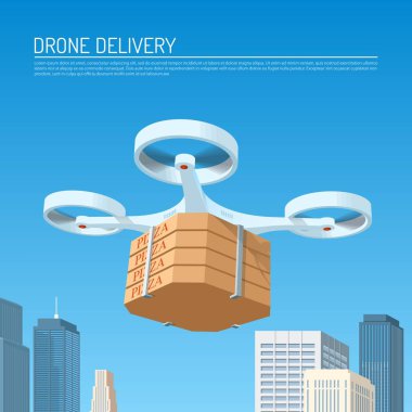 Uçak teslimat kavramı vektör çizim. Bir paket pizza ile taşıyan Quadcopter