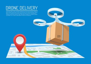 Uçak teslimat kavramı vektör çizim. Bir harita üzerinde uçan ve bir paket taşıyan Quadcopter