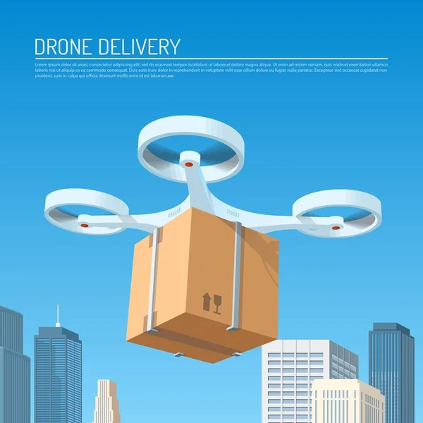Drone entrega concepto vector ilustración. Quadcopter lleva un paquete al cliente — Archivo Imágenes Vectoriales