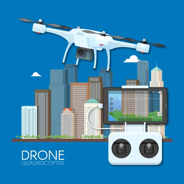 Drone s dálkovým ovládáním, létání nad městem. Letecký dron s kamerou, přičemž fotografie a video koncept vektorové ilustrace — Stockový vektor