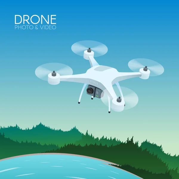 Drone com controle remoto voando sobre a paisagem da natureza. Drone aéreo com câmera tirando fotografia e vídeo conceito ilustração vetorial —  Vetores de Stock