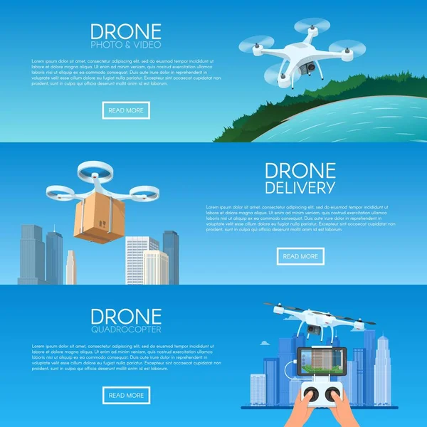 Drone met afstandsbediening vliegen over de stad. Pizza levering door quadcopter. Luchtfoto drone met camera waarbij fotografie en video concept vectorillustratie — Stockvector