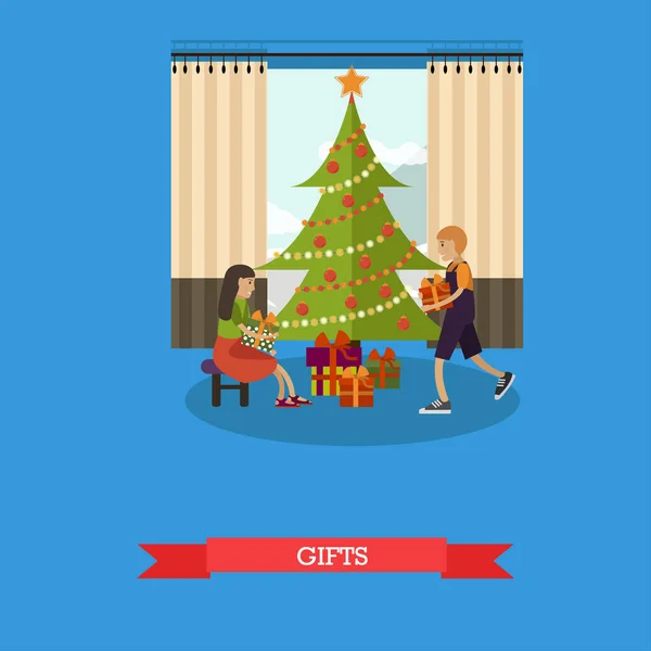 Vektor ilustrasi anak-anak dengan hadiah Natal dalam gaya datar - Stok Vektor