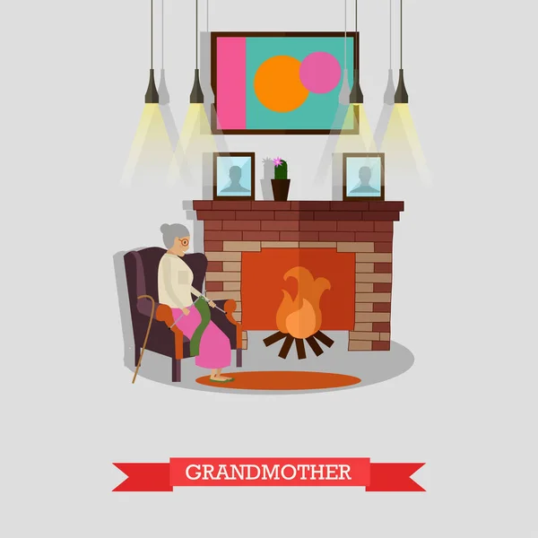 Vektorillustration av mormor sitter i fåtölj vid spisen. — Stock vektor