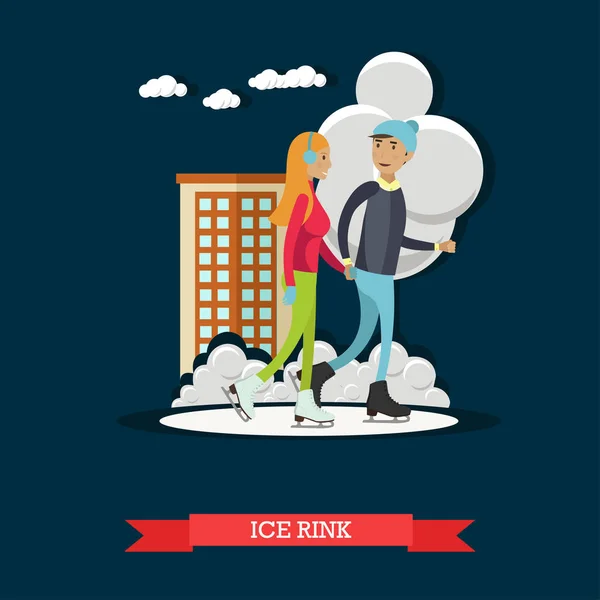 Vector illustration of young man and woman skating, flat style. — Stock Vector
