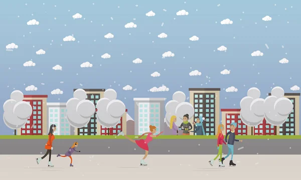 Vektor-Illustration von Menschen, die auf der Eisbahn Schlittschuh laufen, flach. — Stockvektor