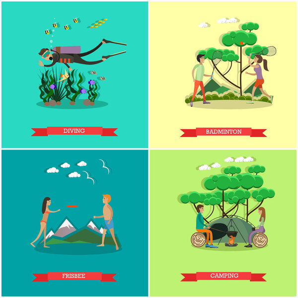 Vector set of summer outdoor activities concept posters, flat design