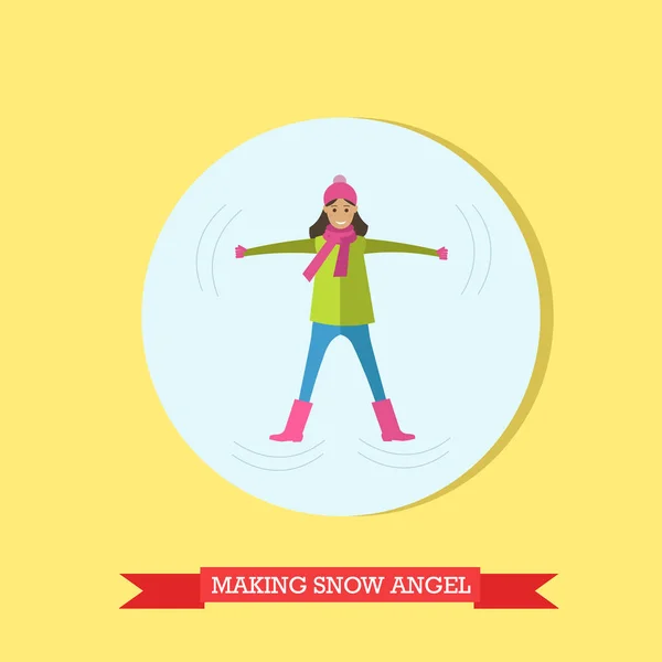 Vektoros illusztráció lány, hogy a hó angyal lapos kivitel — Stock Vector