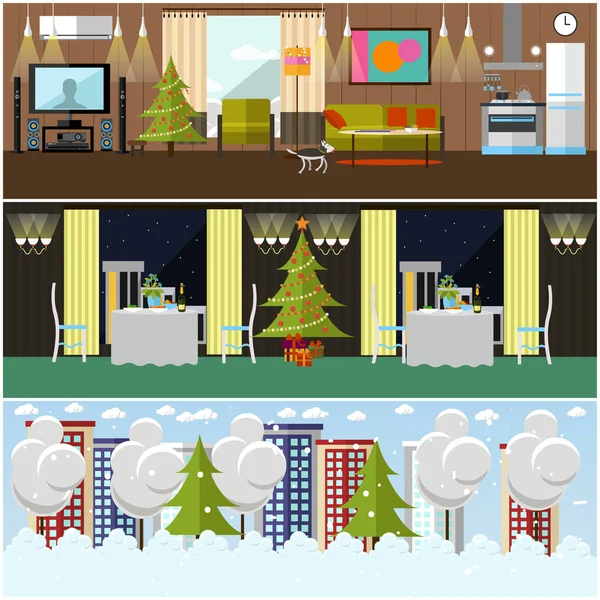 Vector set of banners with home, restaurant interiors, winter cityscape — Stock Vector