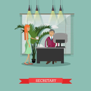 Secretary with cup of coffee, vector illustration in flat style clipart