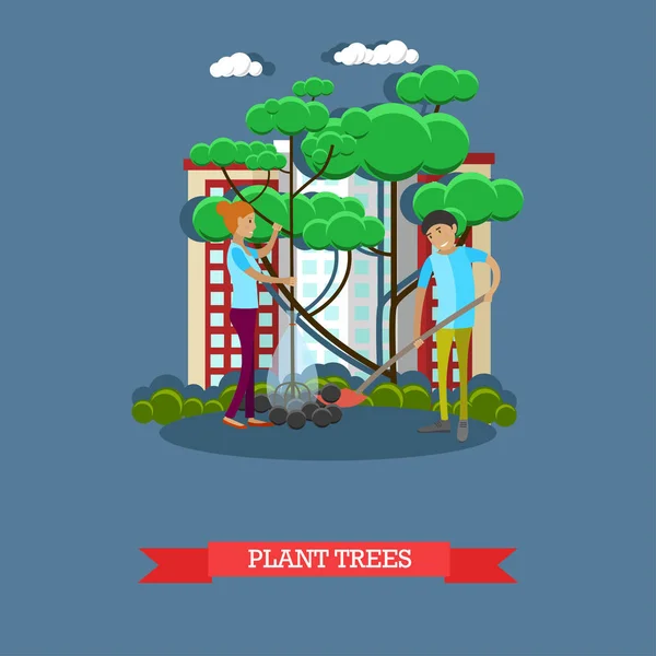 Illustration vectorielle de volontaires plantant des arbres dans la rue . — Image vectorielle