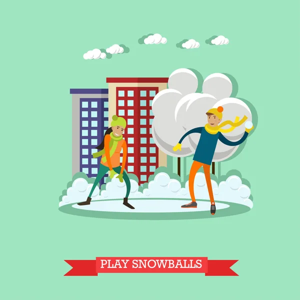 Ilustração vetorial de menino e menina jogando bolas de neve, estilo plano — Vetor de Stock