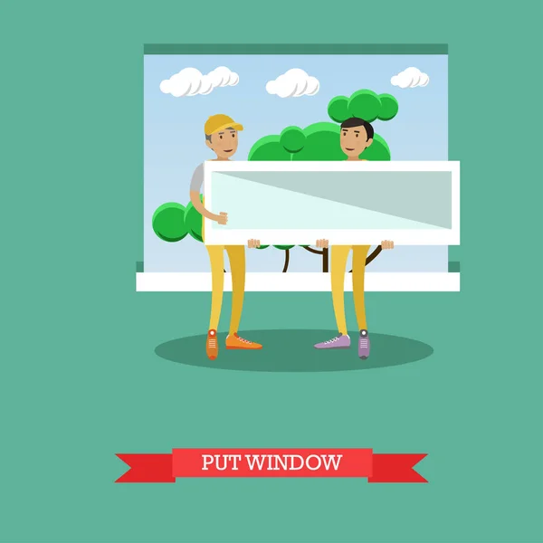 Illustration vectorielle de travailleurs installant une fenêtre en plastique, style plat — Image vectorielle