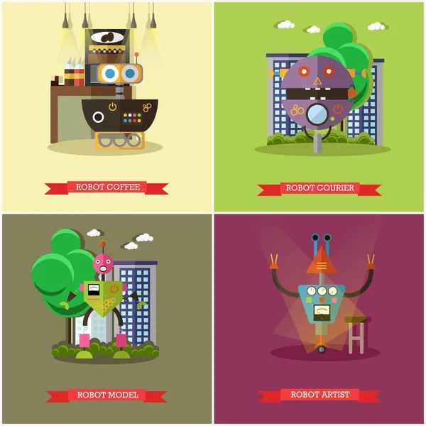Vector set of cool robots, flat style design — Stock Vector