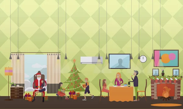 Papai Noel cumprindo desejos conceito vetor ilustração em design plano — Vetor de Stock
