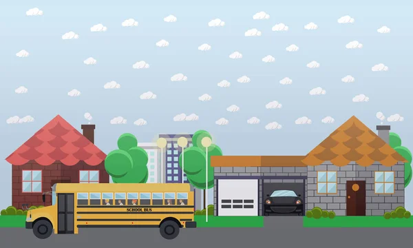 Okul sokakta giden otobüs vektör çizim — Stok Vektör