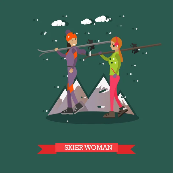 Vector illustration of skiers women in flat design — Stock Vector