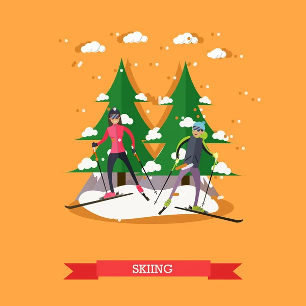 Vector illustration of people skiing in flat design — Stock Vector